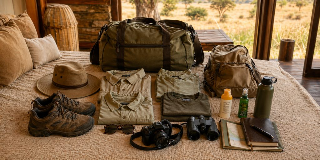 Guests in neutral safari clothing on a game drive in an open 4x4 across the Serengeti plains.